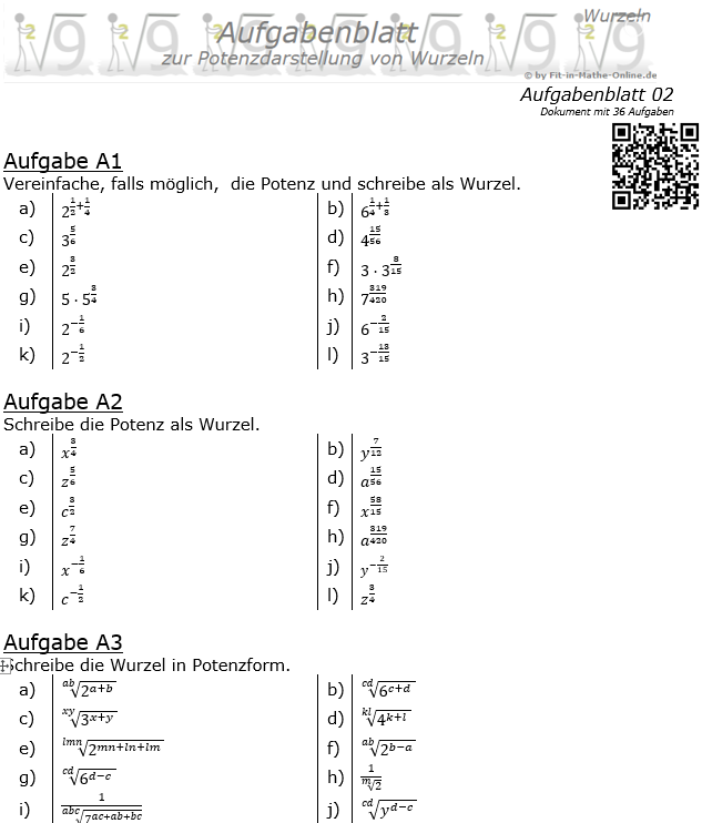 Potenzdarstellung von Wurzeln  Aufgabenblatt 2 / © by Fit-in-Mathe-Online.de